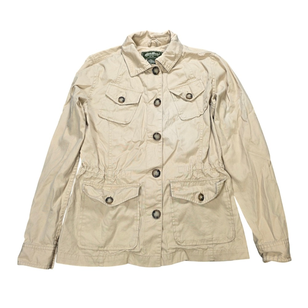 Eddie Bauer Utility Field Jacket Womens Size M Tan Khaki Cotton Drawstring Waist